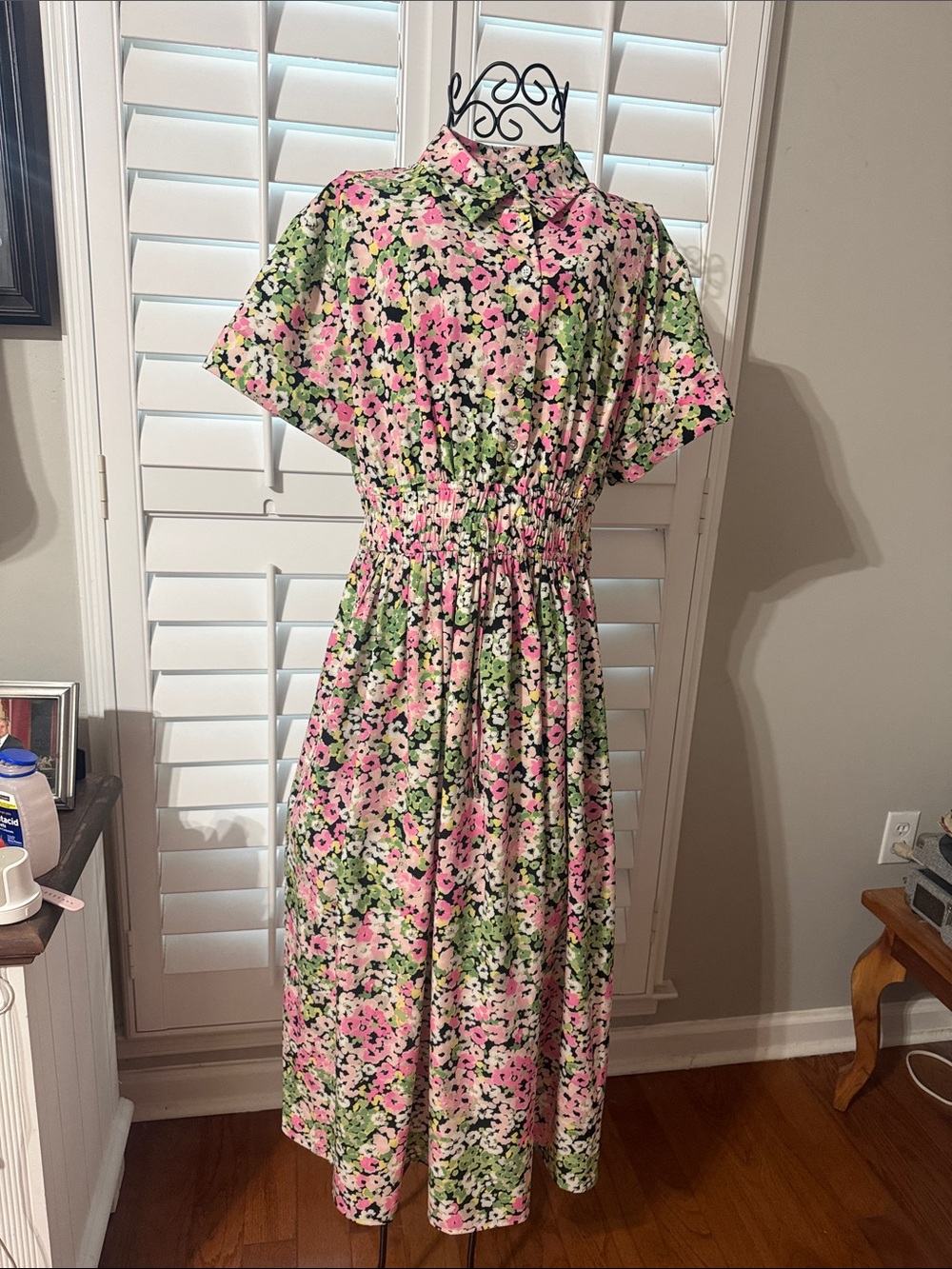 DKNY Pink and Green Floral Midi Dress